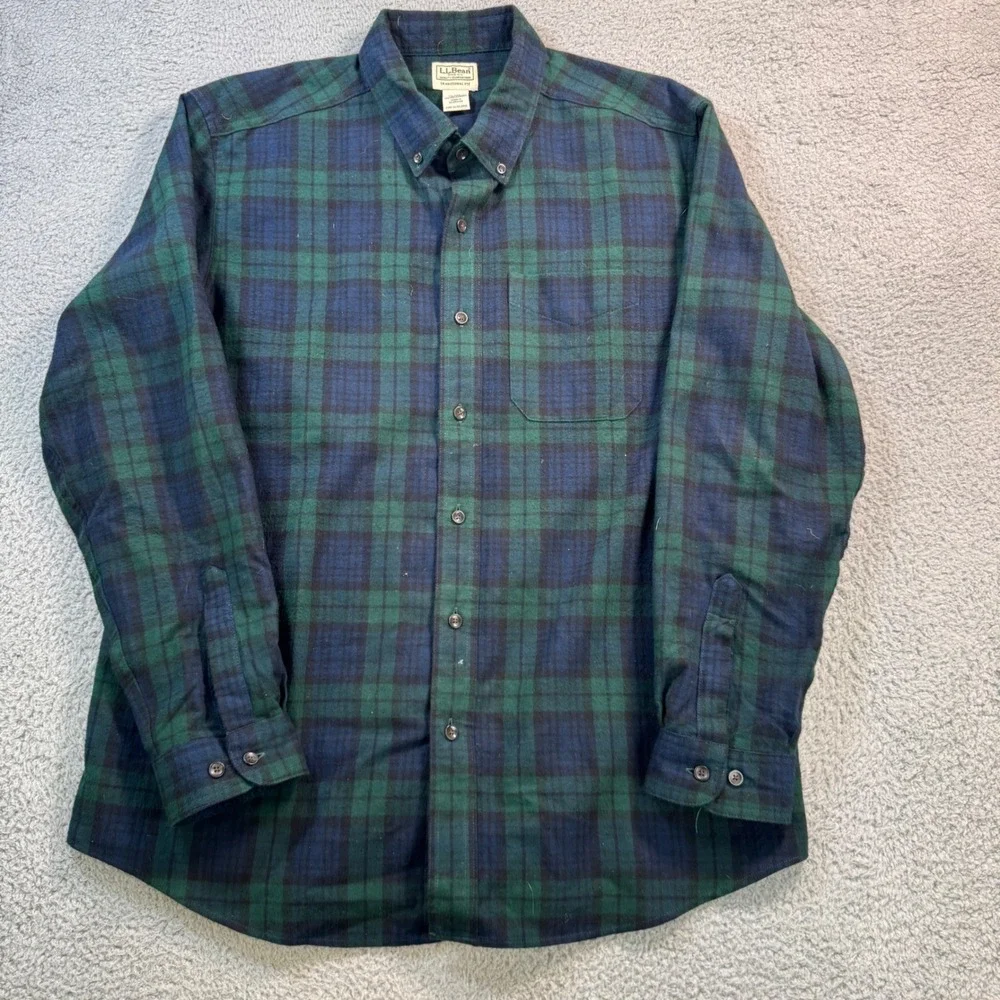 LL Bean Flannel Shirt Mens Large Traditional‎ Fit Green Navy Plaid Button Down